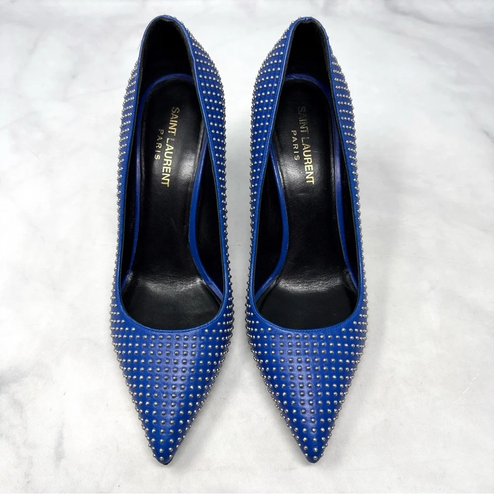 Saint Laurent Paris 80 Studded Leather Pointed Toe Stiletto Heel Pumps Blue 38 - Picture 2 of 14
